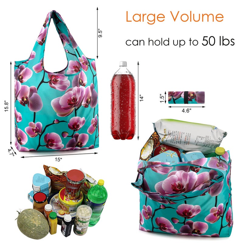 BeeGreen 10 Pack Washable Floral Grocery Bags for Shopping Reusable Tote Bags Extra Large 50LBS Cute Flower Design Foldable Reusable Bags for Women Men Lightweight Durable - Image 2
